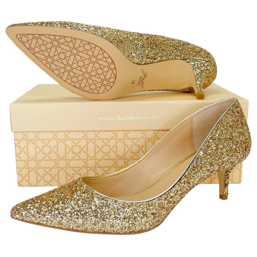 Jewel Badgley Mischka Royalty Gold Chunky Shimmer Womens Heels Size 10M - Picture 10 of 12